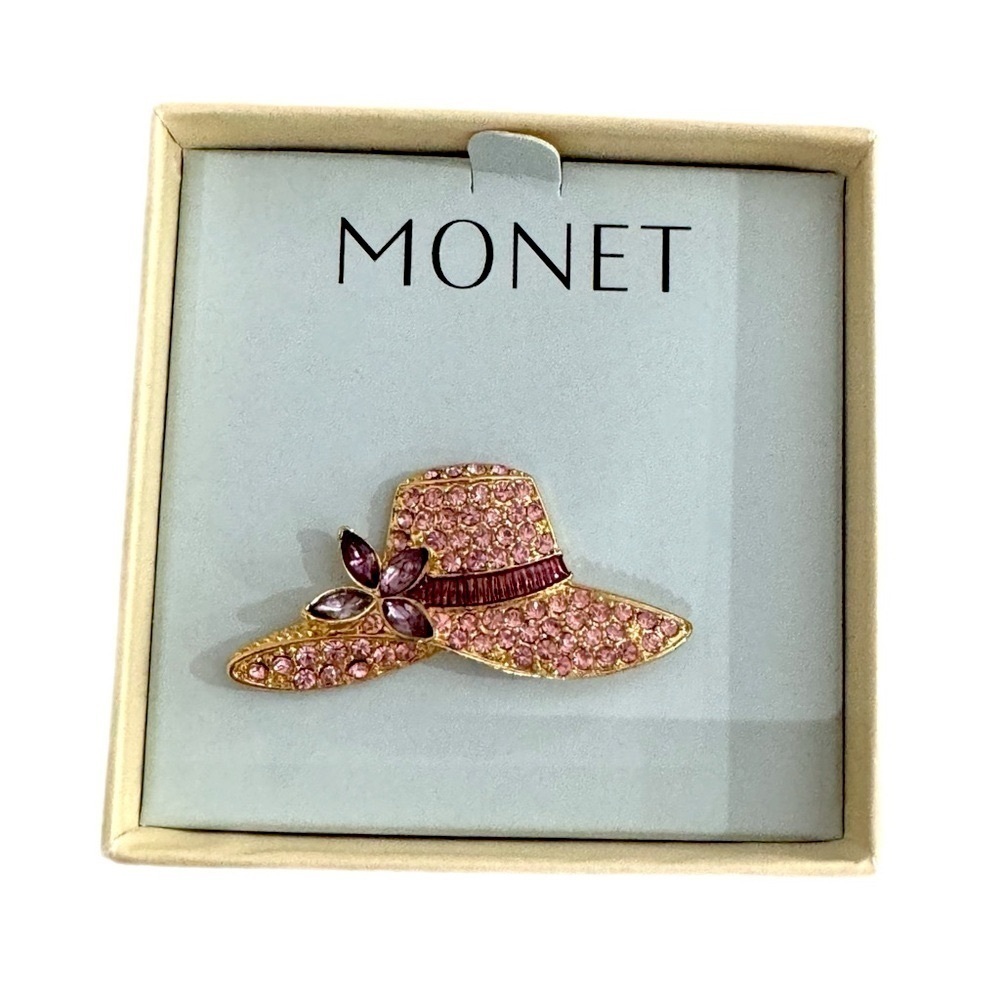 Vintage MONET Signed Pink Rhinestone Gold Plated Hat Brooch Pin New In Box